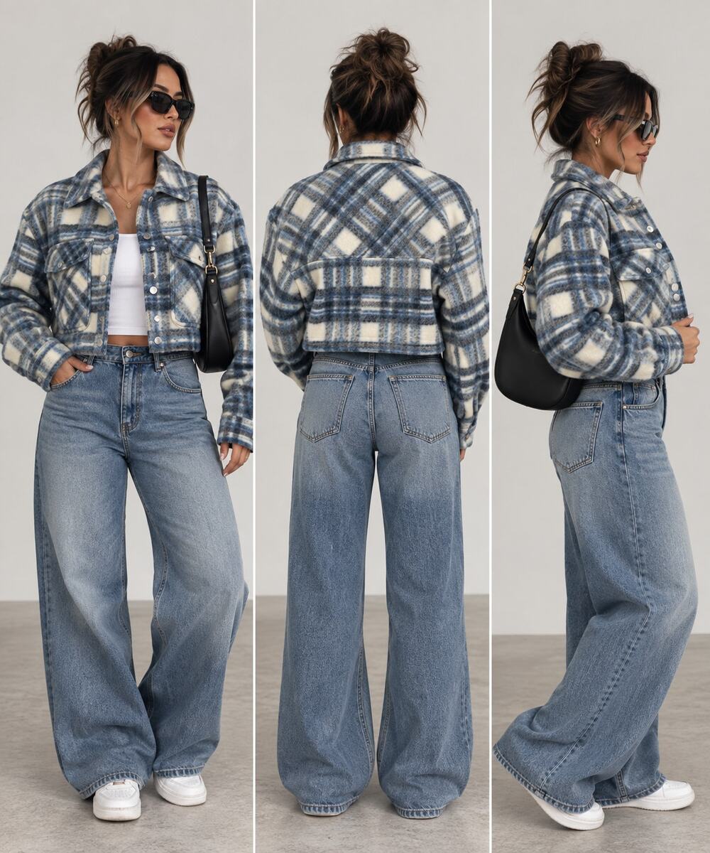 Zara Women’s M Blue Cream Plaid Wool Blend Cropped Shacket Jacket Oversized